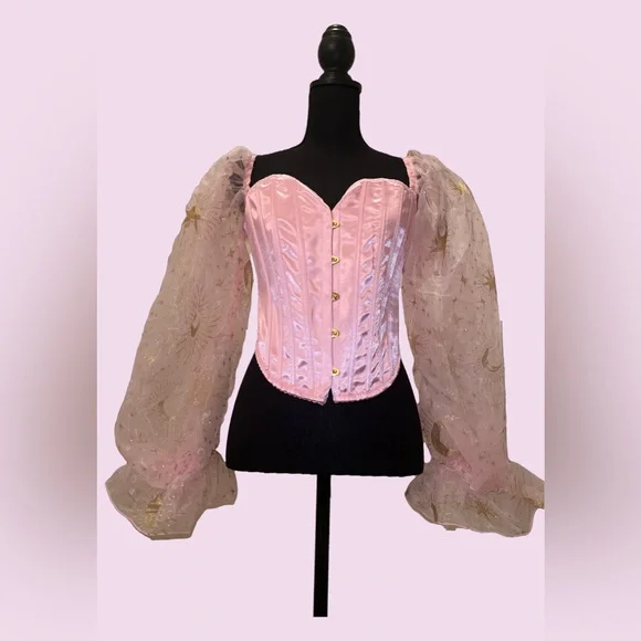 Sugar Thrillz Pink Satin Boned Corset with Long Sheer puffy sleeves Halloween - Picture 3 of 5
